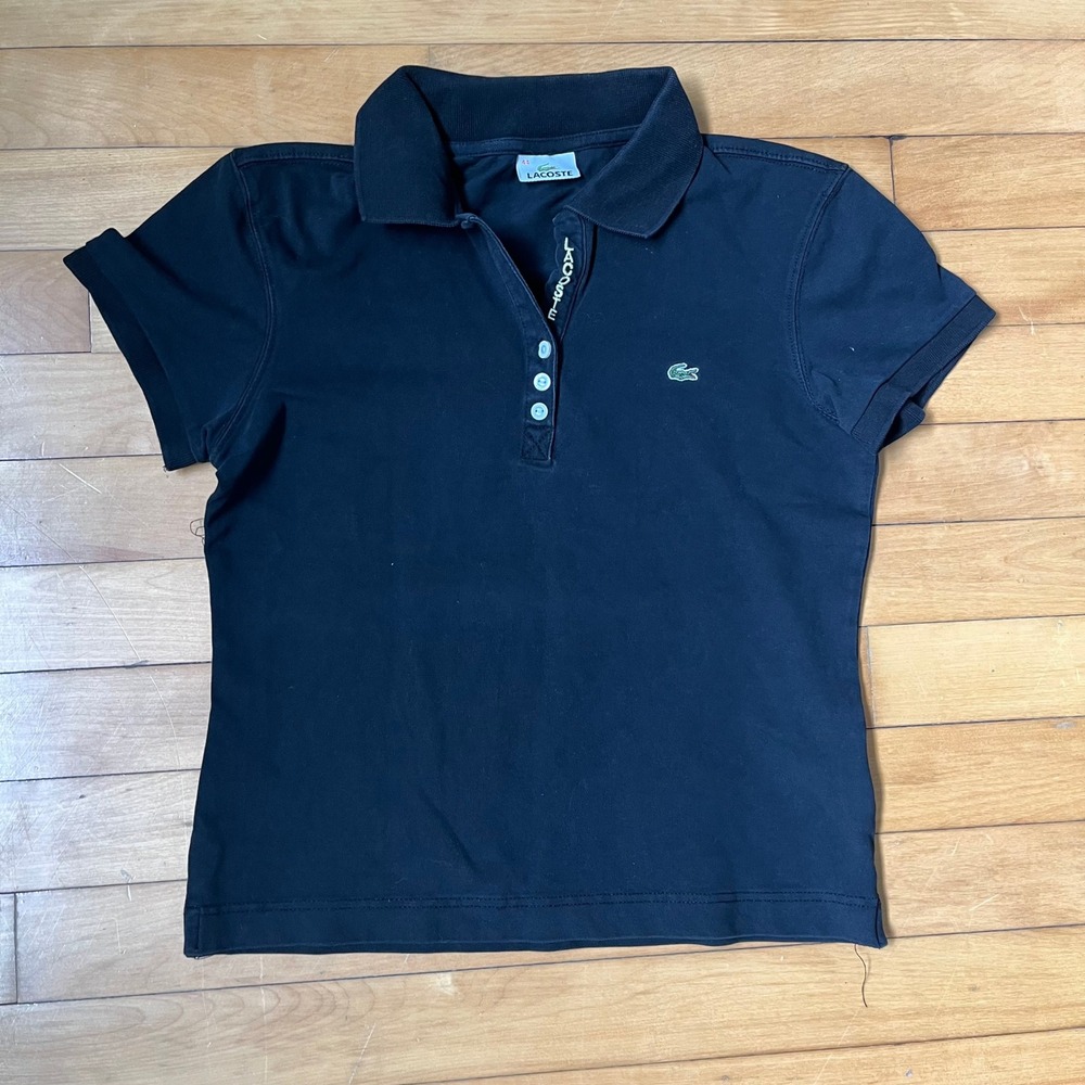 Lacoste Womens Black Pique Short Sleeve Polo Shirt Crocodile Logo Size 44